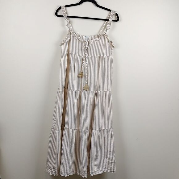 J. Crew Original Beachwear Tan and White Striped Tiered Midi Dress Size S - Picture 1 of 12